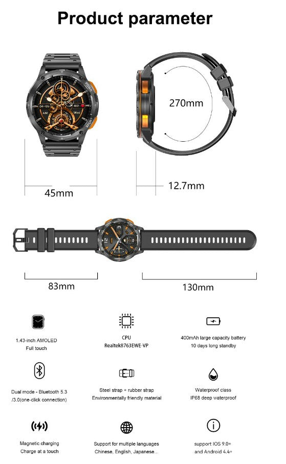 AK59 Smart Watch HD AMLOED Screen w/ health monitoring - Gold/Orange Strap_8