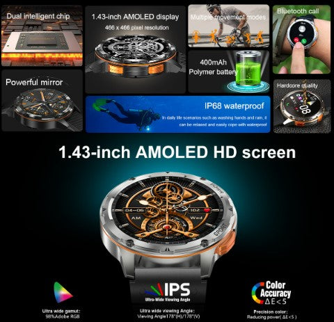 AK59 Smart Watch HD AMLOED Screen w/ health monitoring - Gold/Orange Strap_1