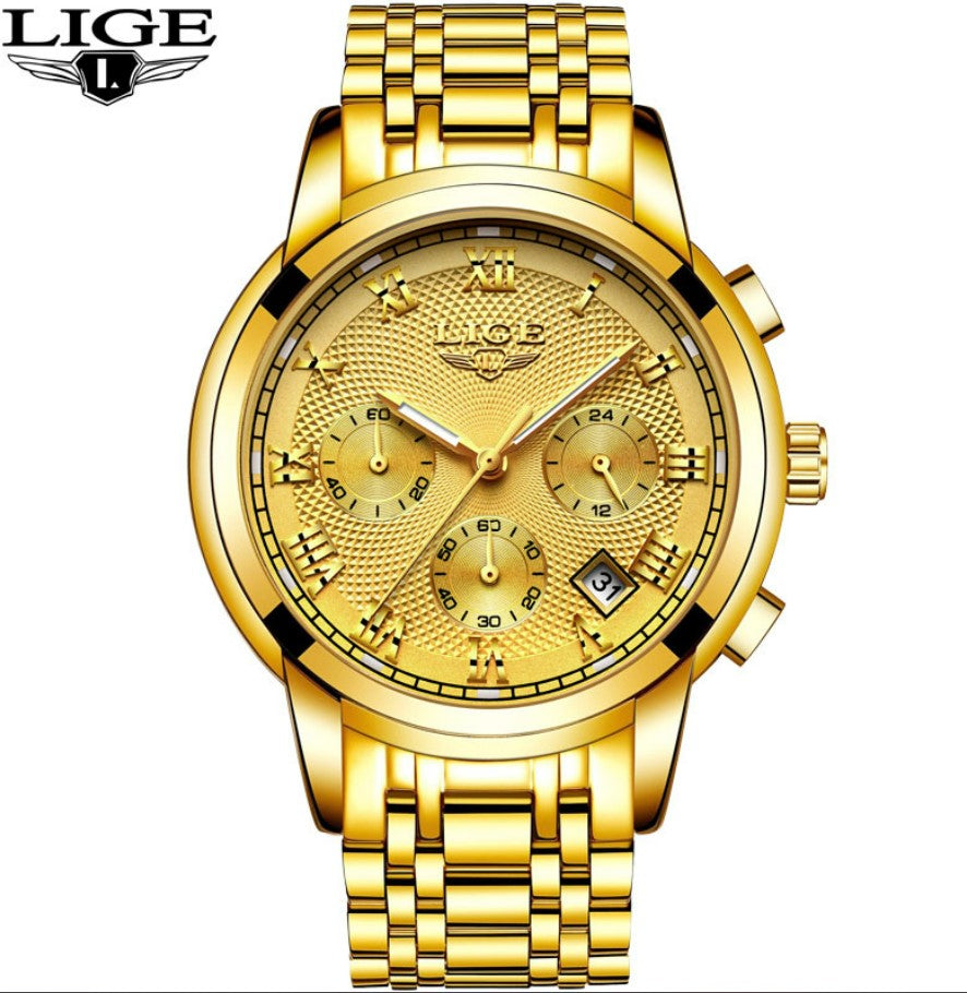 Men's Watch LIGE Multi-Function Three-Eye Corrugated Watch - Gold_0